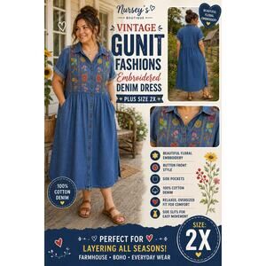 Vintage Gunit Fashions Embroidered Denim Dress Boho Cottagecore Plus Size